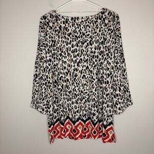 CHICO'S Tunic Womens 1 3/4 Sleeve Animal Print Black Tan Cream Red Stretch